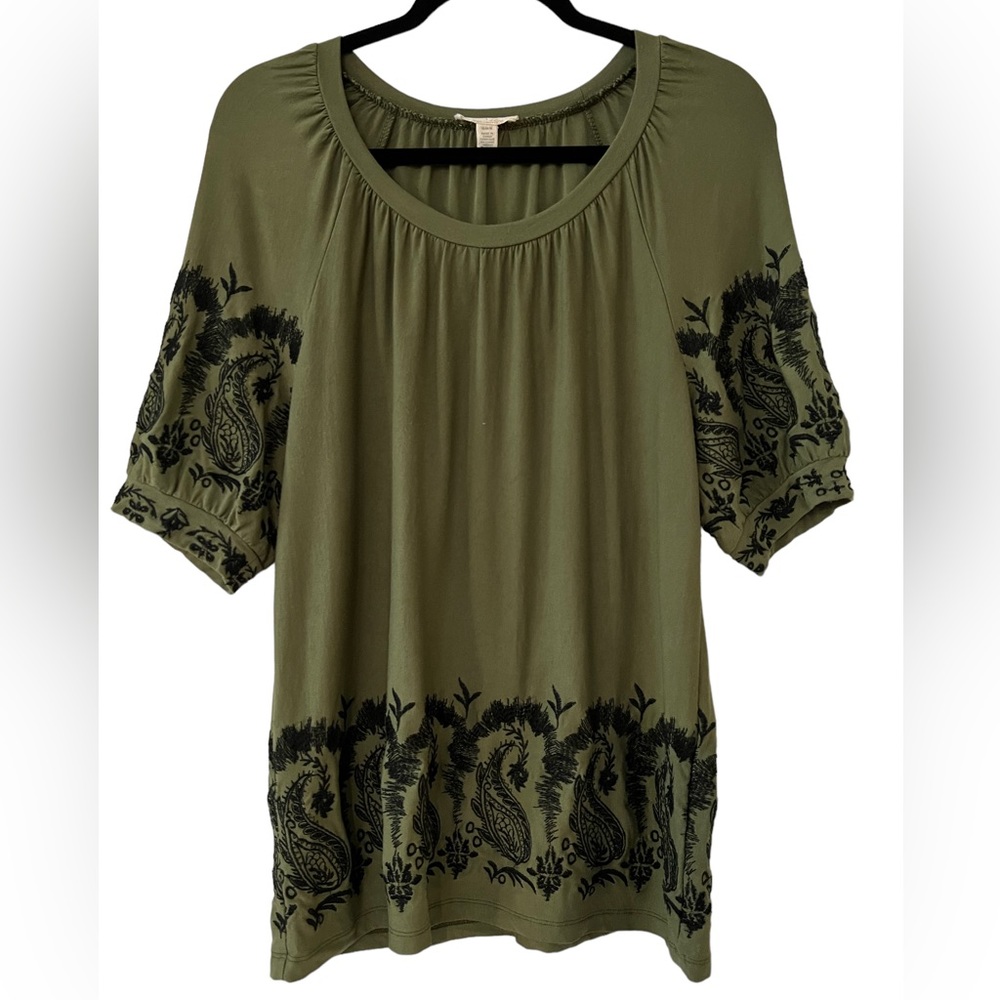 Cupio Forest Green Short Sleeve Top w/ Crochet V-Neck